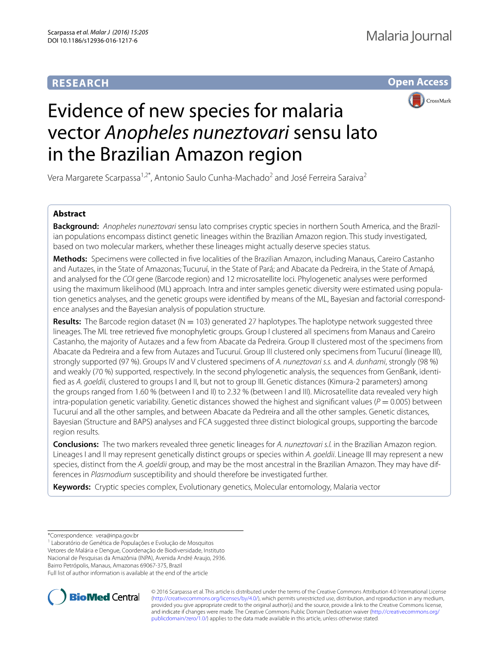 Evidence of New Species for Malaria Vector Anopheles Nuneztovari