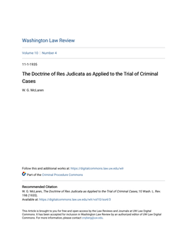 The Doctrine of Res Judicata As Applied to the Trial of Criminal Cases