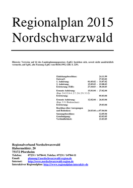 Regionalplan 2015 Nordschwarzwald