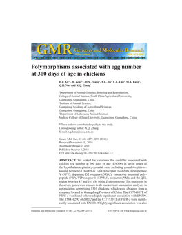 Polymorphisms Associated with Egg Number at 300 Days of Age in Chickens
