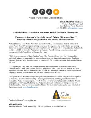 Audio Publishers Association Announces Audie® Finalists in 25 Categories