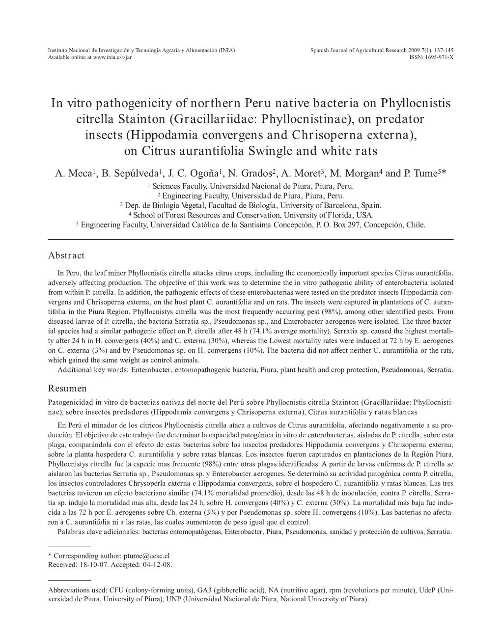 In Vitro Pathogenicity of Northern Peru Native Bacteria on Phyllocnistis