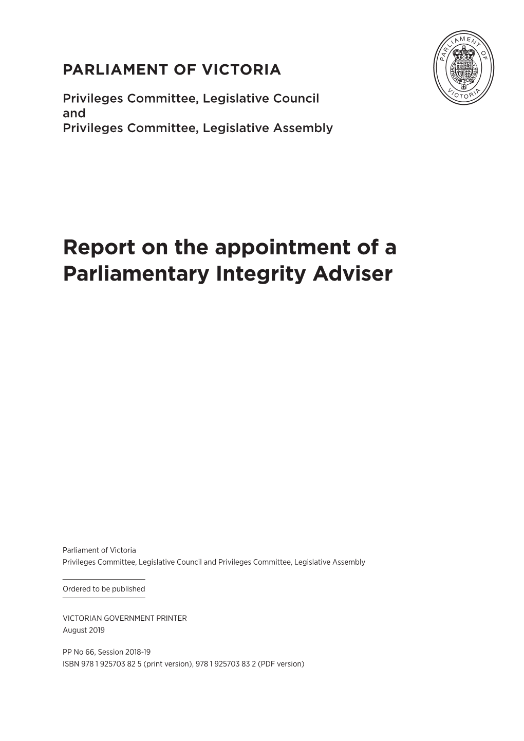 Report on the Appointment of a Parliamentary Integrity Adviser