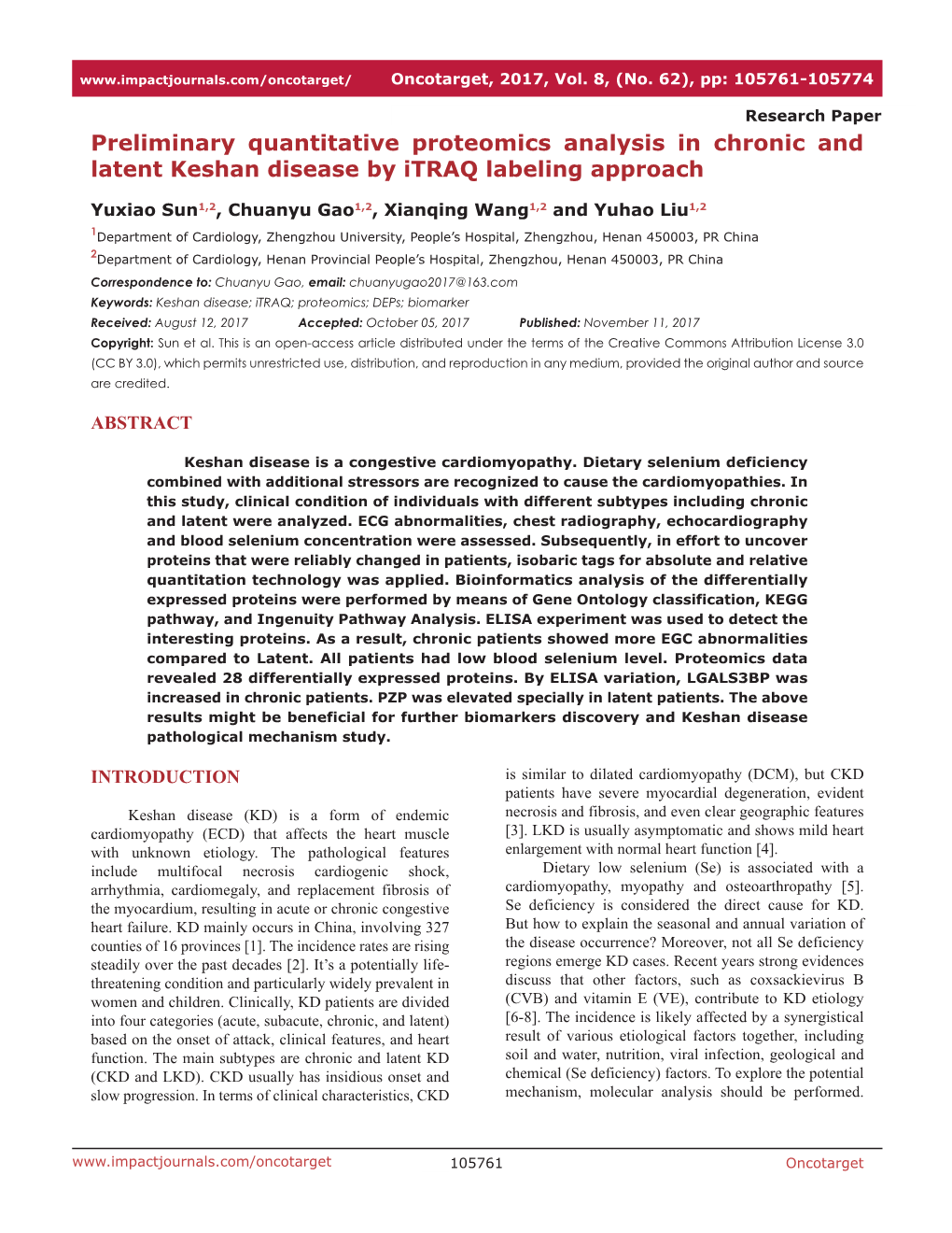 Preliminary Quantitative Proteomics Analysis in Chronic and Latent Keshan Disease by Itraq Labeling Approach