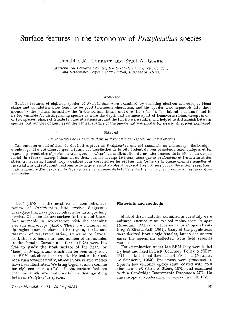 Surface Features in the Taxonomy of Pratylenchus Species