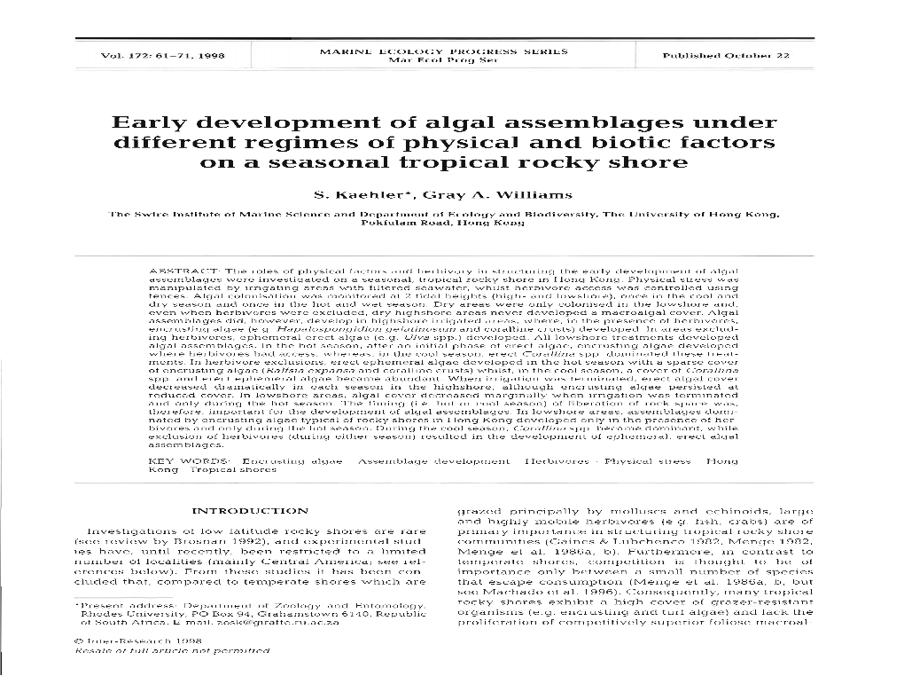 Early Development of Algal Assemblages Under Different Regimes of Physical and Biotic Factors on a Seasonal Tropical Rocky Shore