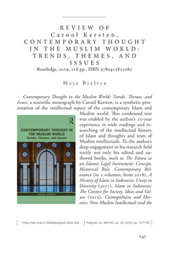 REVIEW of Carool Kersten, CONTEMPORARY THOUGHT in the MUSLIM WORLD: TRENDS, THEMES, and ISSUES Routledge, 2019, 218 Pp., ISBN 9780415855082