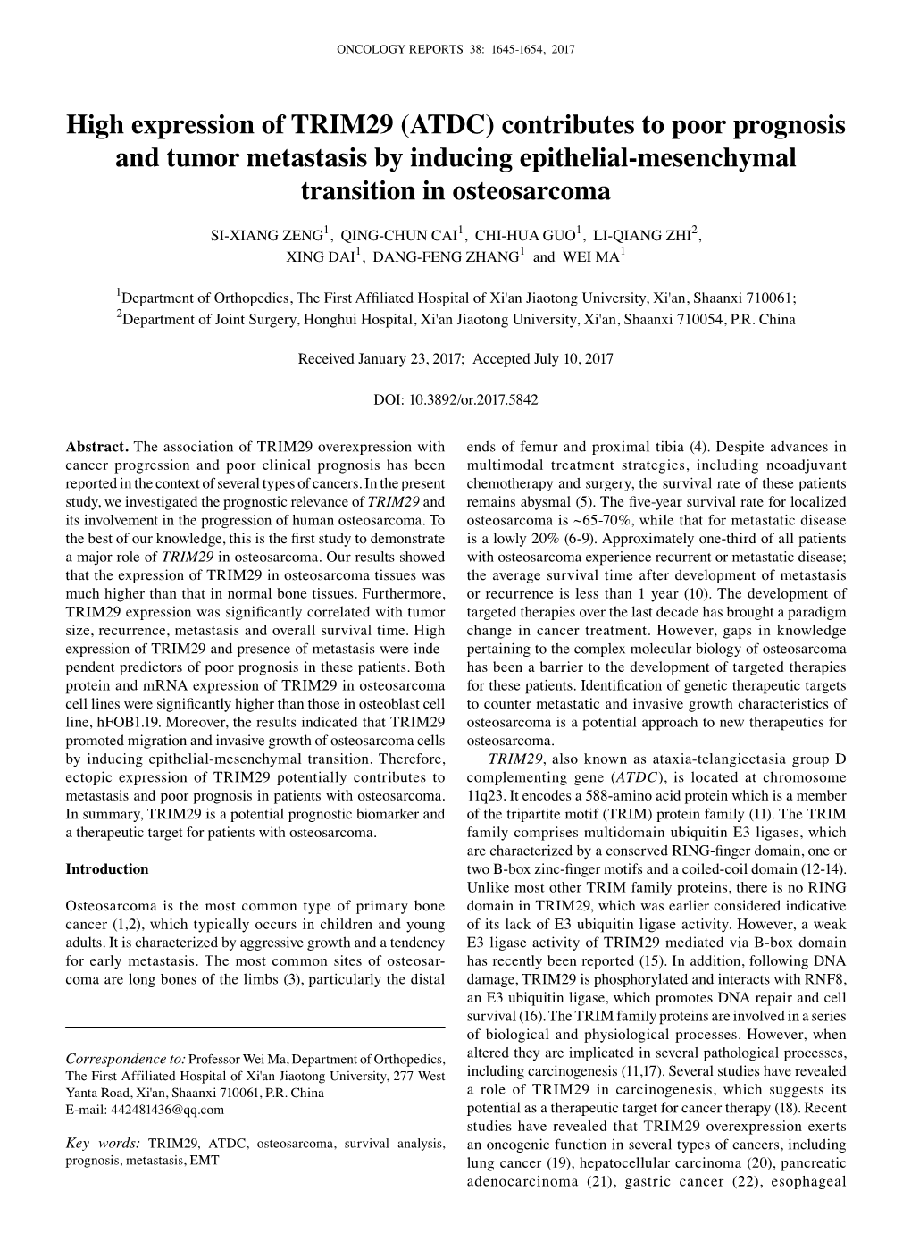 High Expression of TRIM29 (ATDC) Contributes to Poor Prognosis and Tumor Metastasis by Inducing Epithelial‑Mesenchymal Transition in Osteosarcoma