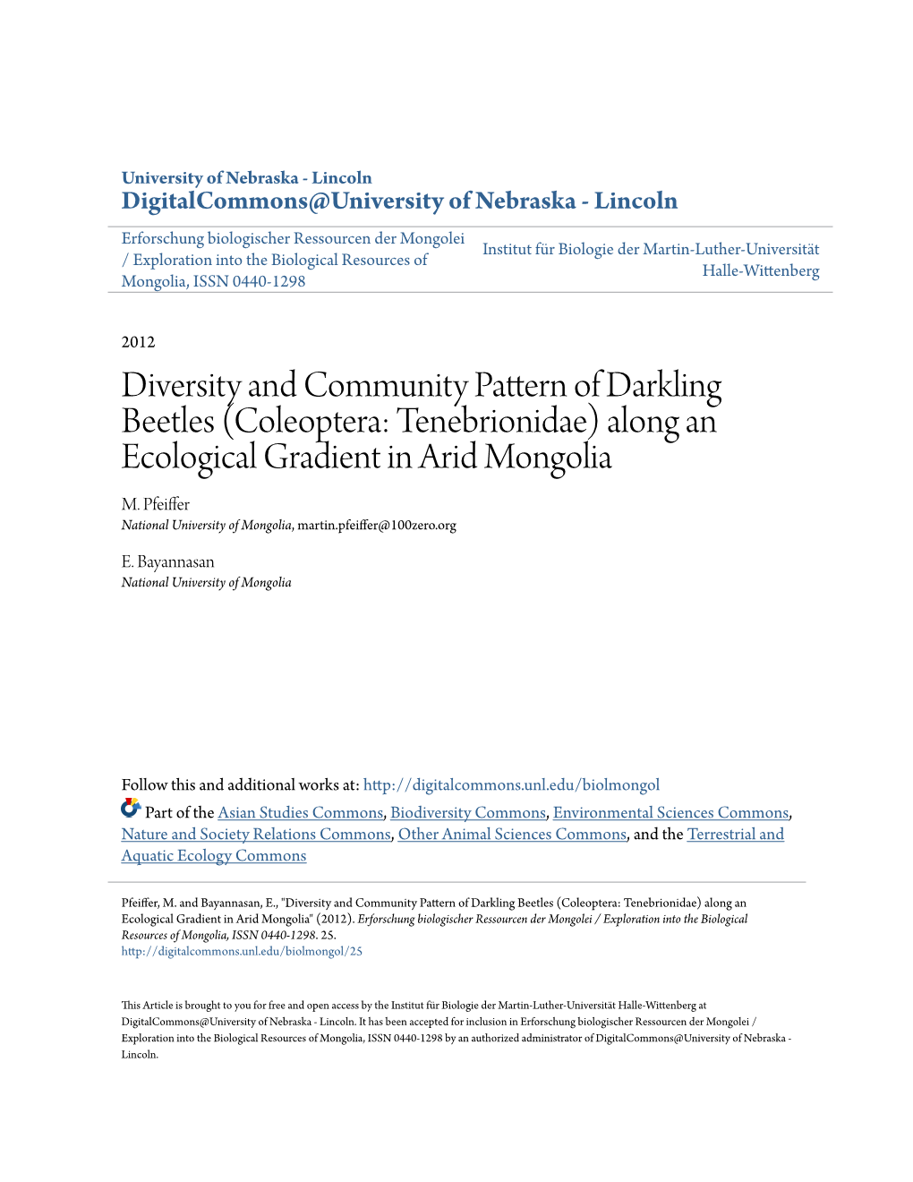 Diversity and Community Pattern of Darkling Beetles (Coleoptera: Tenebrionidae) Along an Ecological Gradient in Arid Mongolia M