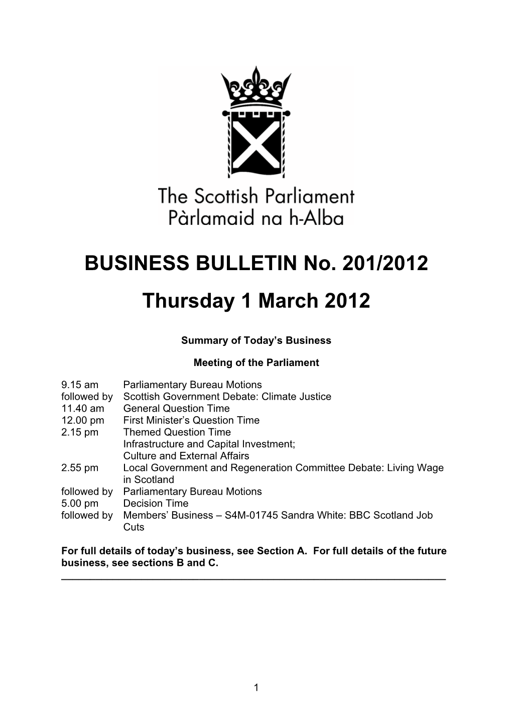 BUSINESS BULLETIN No. 201/2012 Thursday 1 March 2012