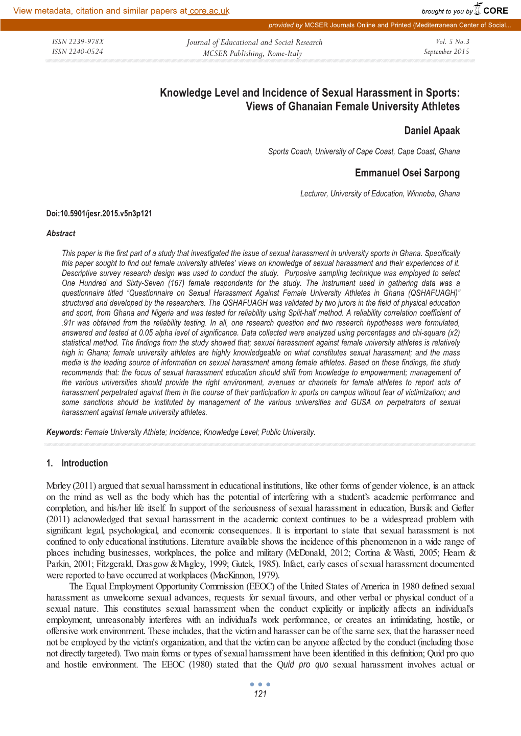 Knowledge Level and Incidence of Sexual Harassment in Sports: Views of Ghanaian Female University Athletes