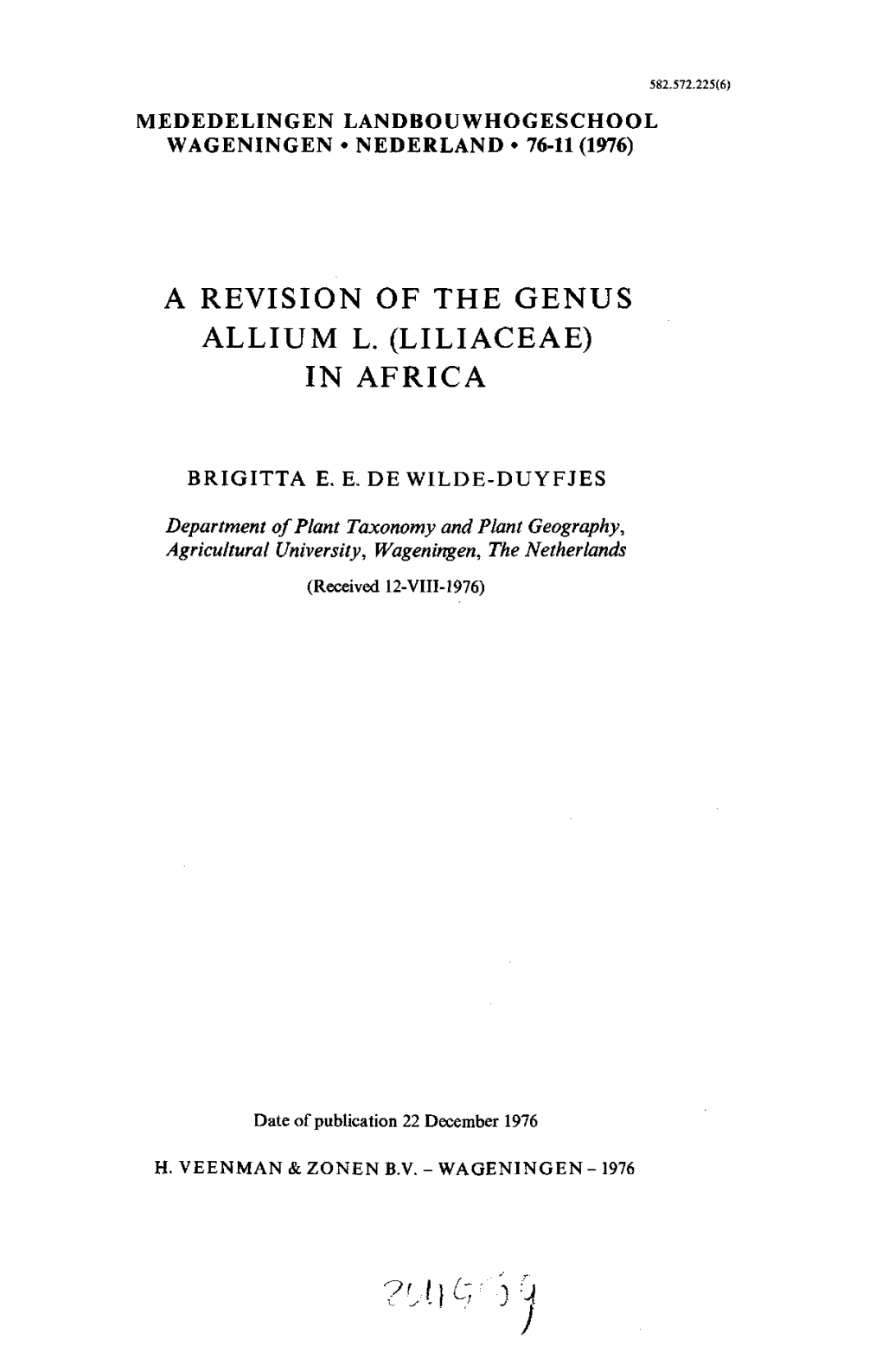 A\Tr':)U ) Mededelingen Landbouwhogeschool Wageningen 76-11 (1976) (Communications Agricultural University) Is Also Published As a Thesis CONTENTS