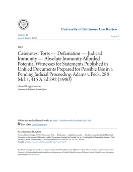 Casenotes: Torts—Defamation—Judicial Immunity—Absolute