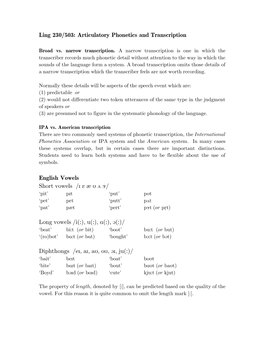Ling 230/503: Articulatory Phonetics and Transcription English Vowels