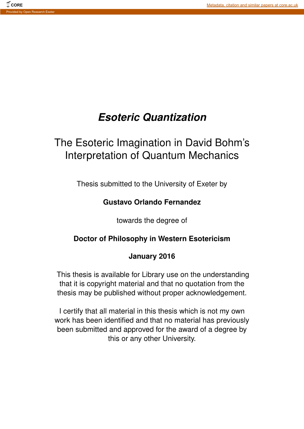 Esoteric Quantization the Esoteric Imagination in David Bohm's Interpretation of Quantum Mechanics