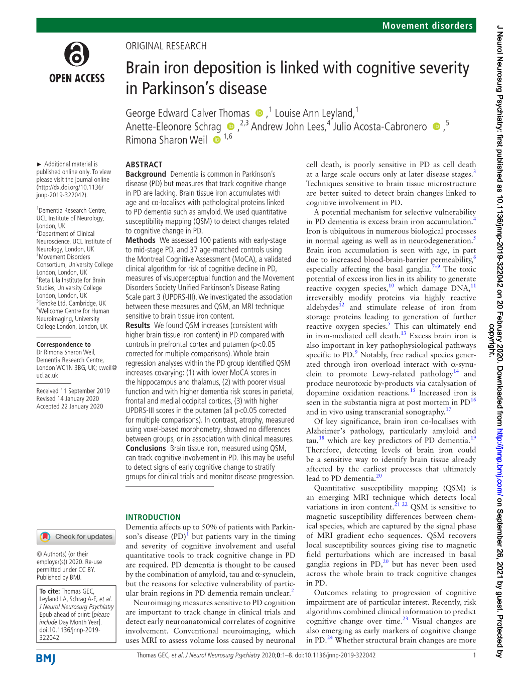 Brain Iron Deposition Is Linked with Cognitive Severity in Parkinson's