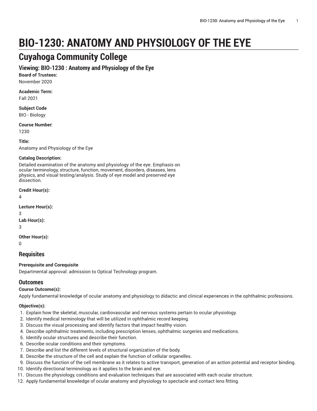BIO-1230: Anatomy and Physiology of the Eye 1