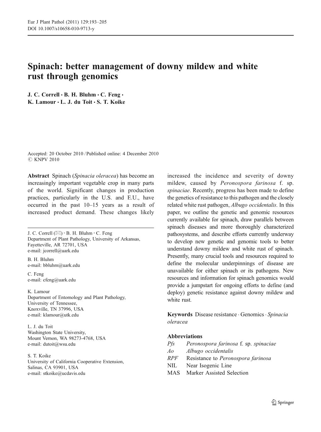 Spinach: Better Management of Downy Mildew and White Rust Through Genomics