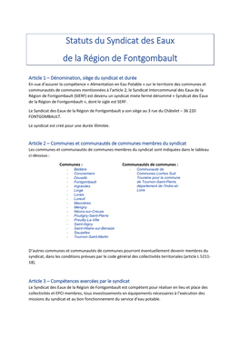 Statuts Du Syndicat Des Eaux De La Région De Fontgombault
