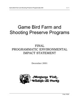 Game Bird Farm and Shooting Preserve Programs