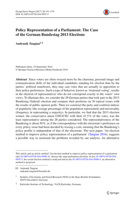 Policy Representation of a Parliament: the Case of the German Bundestag 2013 Elections