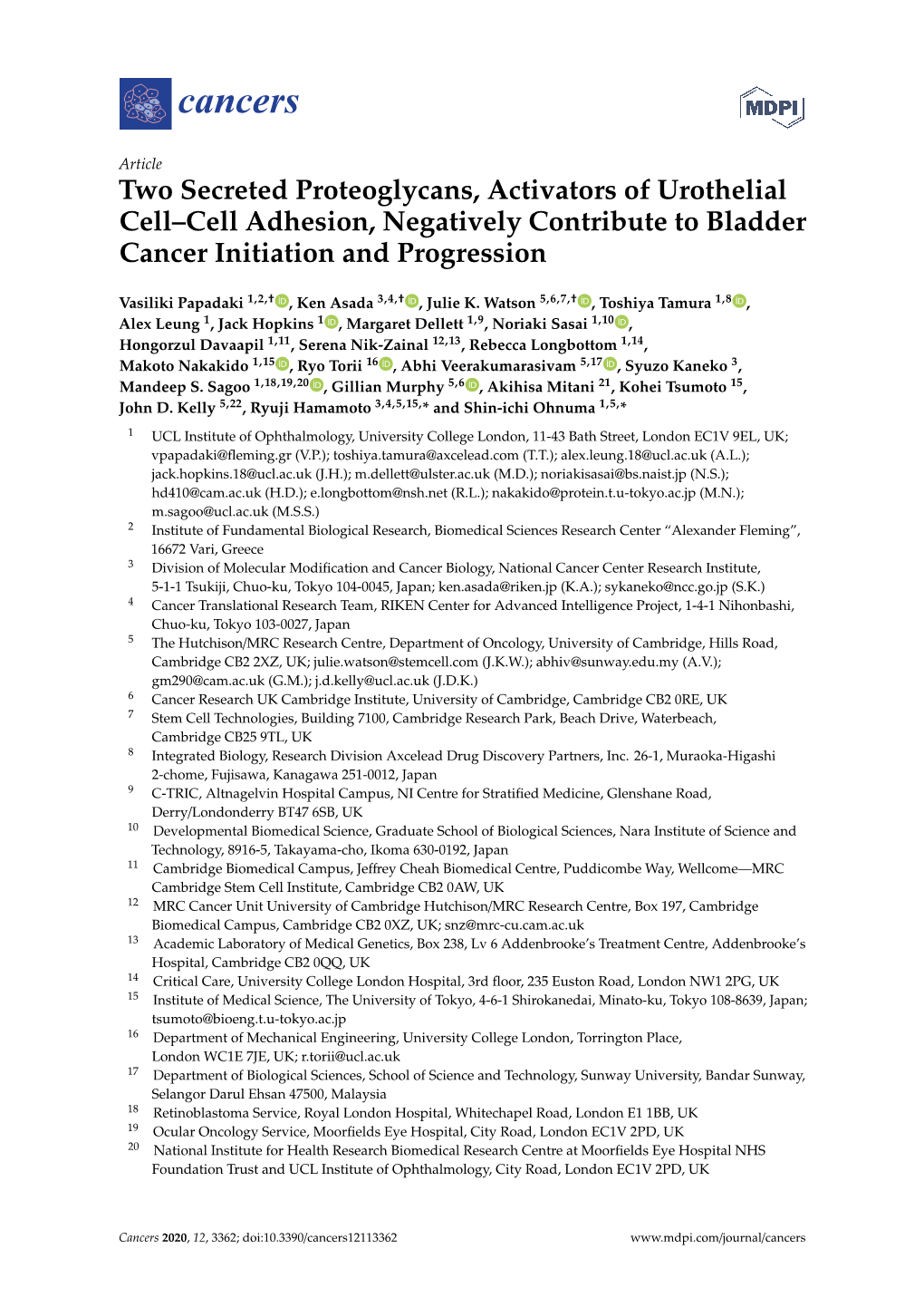 Two Secreted Proteoglycans, Activators of Urothelial Cell–Cell Adhesion, Negatively Contribute to Bladder Cancer Initiation and Progression