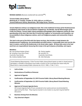 REVISED AGENDA (Revisions Marked with Two Asterisks**) Page 1 Toronto Public Library Board Meeting No. 8: Tuesday, October 22, 2