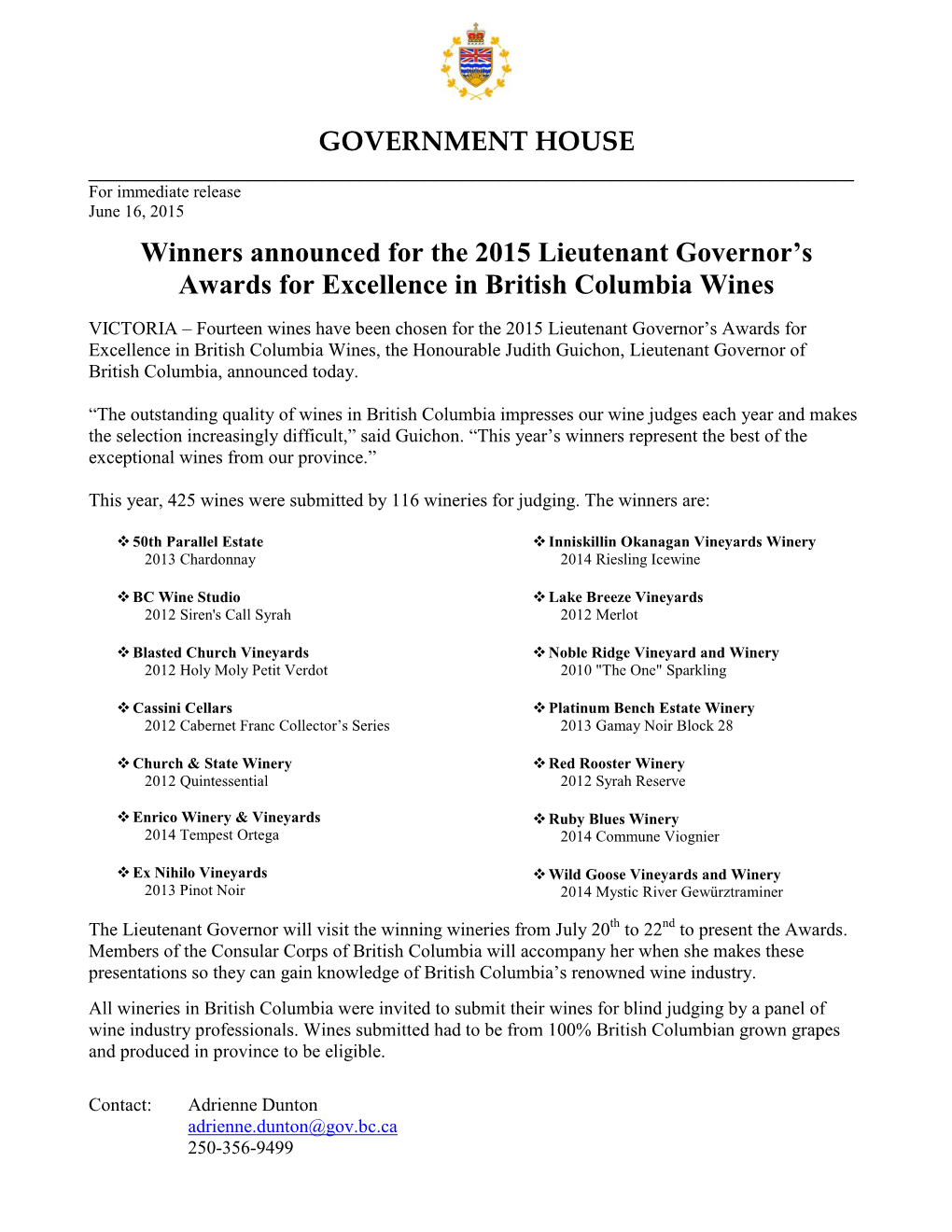 Winners Announced for the 2015 Lieutenant Governor's Awards for Excellence in British Columbia Wines