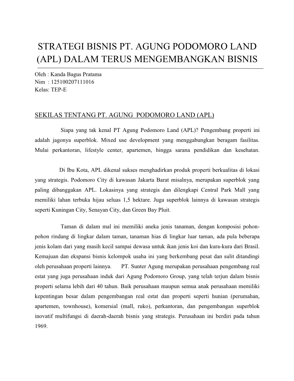 Strategi Bisnis Pt. Agung Podomoro Land (Apl) Dalam Terus Mengembangkan Bisnis