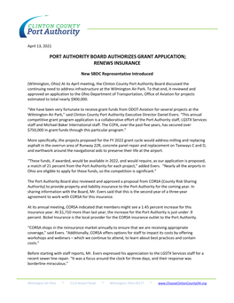 Port Authority Board Authorizes Grant Application; Renews Insurance