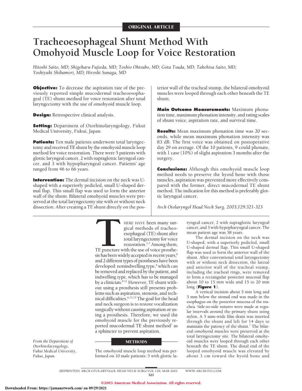 Tracheoesophageal Shunt Method with Omohyoid Muscle Loop for Voice Restoration