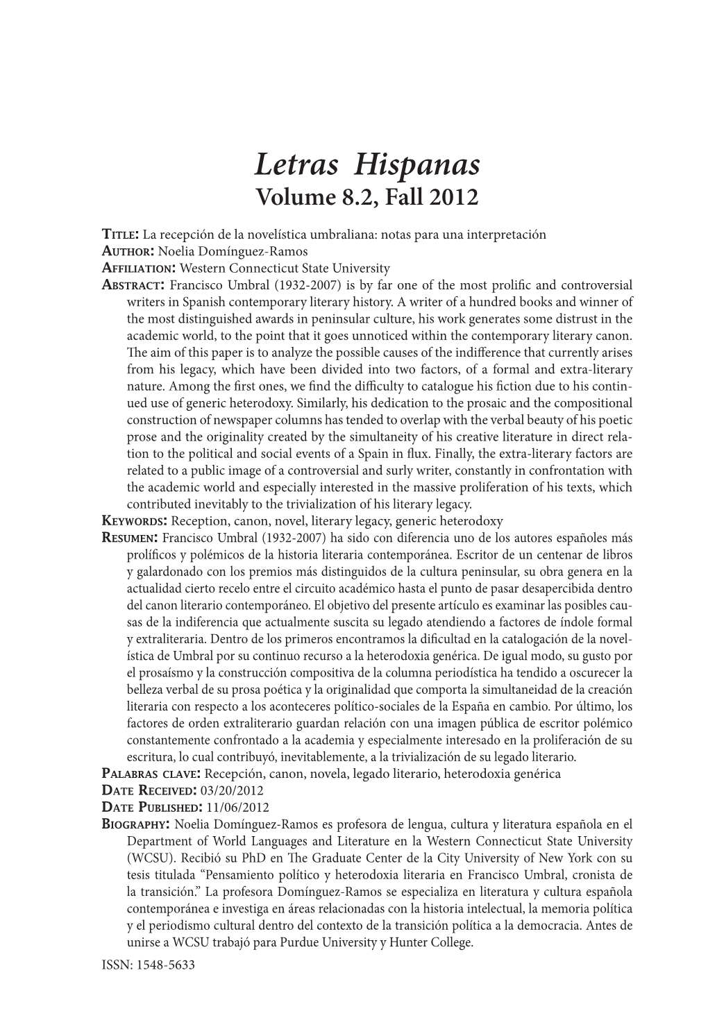 Letras Hispanas Volume 8.2, Fall 2012