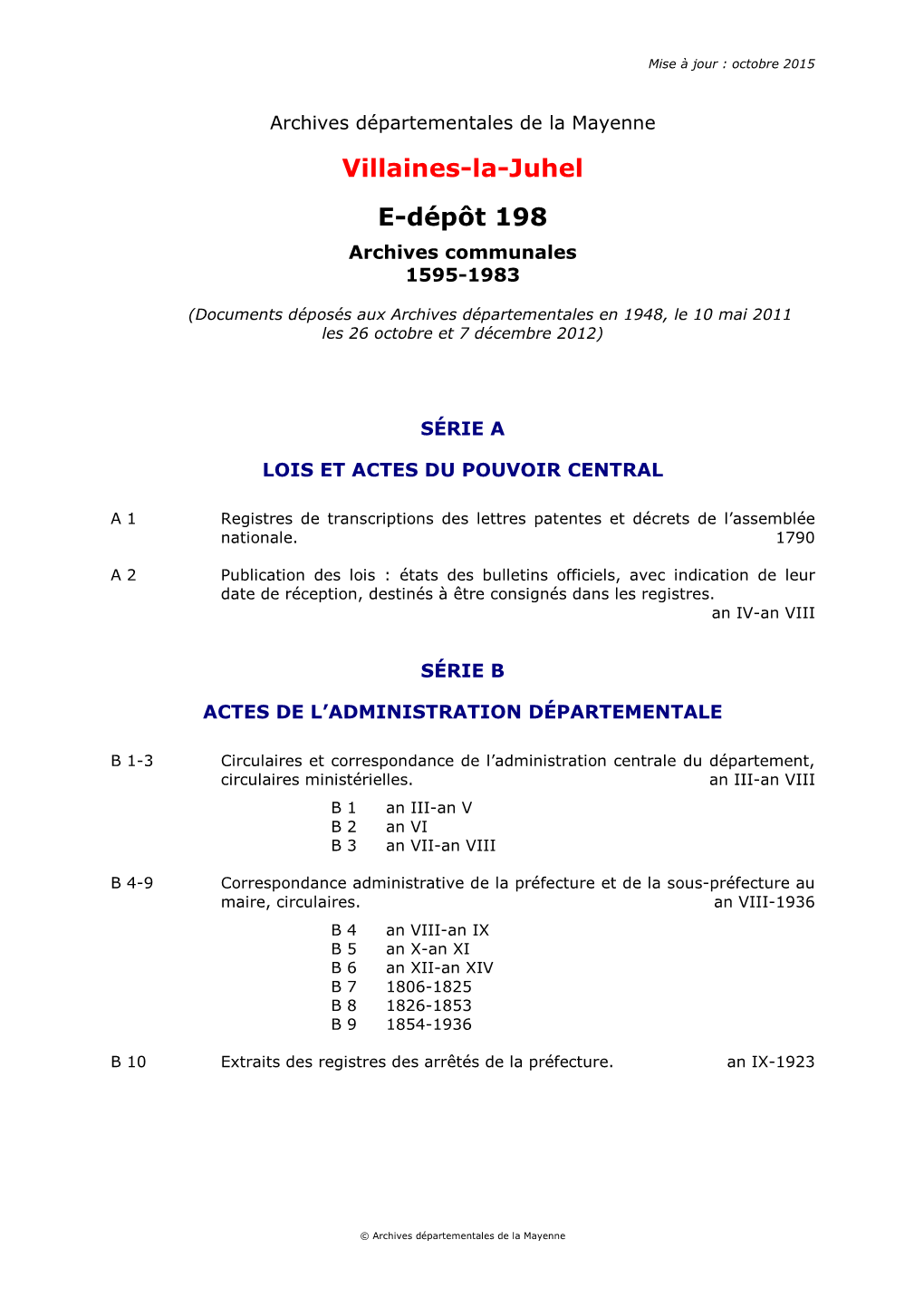 Villaines-La-Juhel E-Dépôt 198 Archives Communales 1595-1983