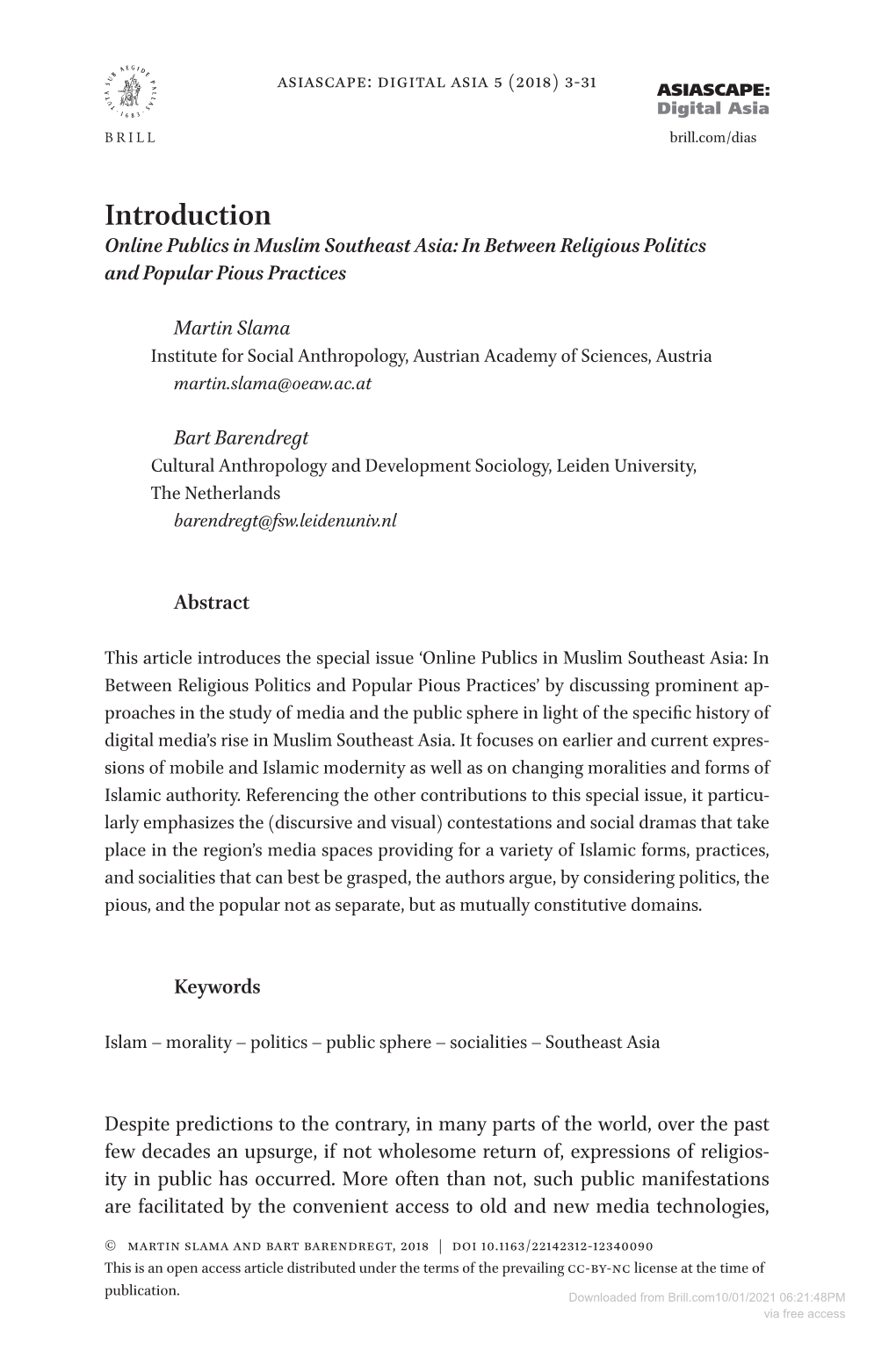 Introduction Online Publics in Muslim Southeast Asia: in Between Religious Politics and Popular Pious Practices