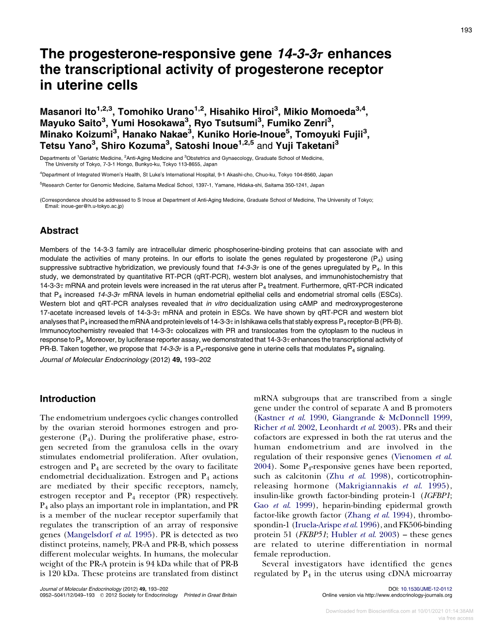 The Progesterone-Responsive Gene 14-3-3T Enhances the Transcriptional Activity of Progesterone Receptor in Uterine Cells