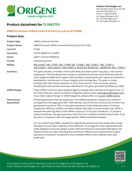 ARMCX3 Human Shrna Lentiviral Particle (Locus ID 51566) Product Data