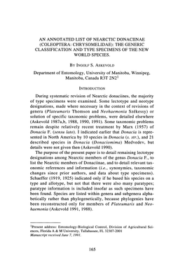 Coleoptera: Chrysomelidae): the Generic Classification and Type Specimens of the New World Species