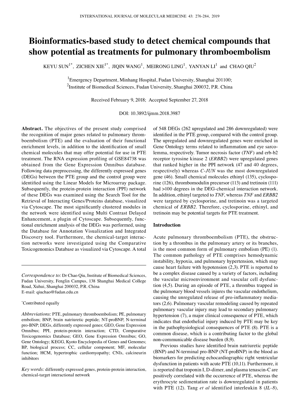 Bioinformatics-Based Study to Detect Chemical Compounds That Show Potential As Treatments for Pulmonary Thromboembolism