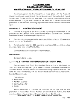 Cantonment Board Badamibagh Cantt.Srinagar Minutes of Ordinary Board Meeting Held on 23/01/2016