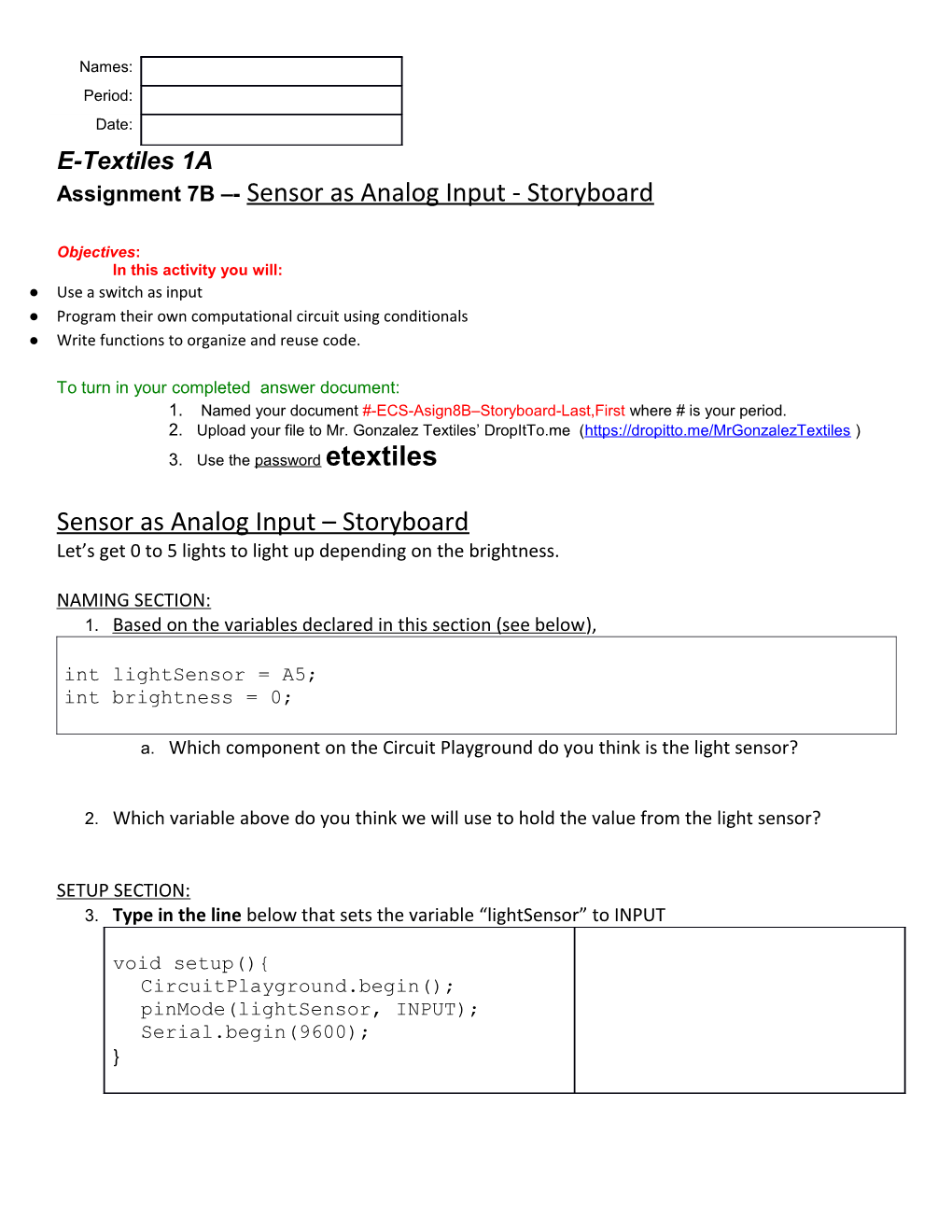 Assignment 7B - Sensor As Analog Input - Storyboard