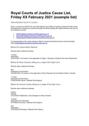 Royal Courts of Justice Cause List, Friday XX February 2021 (Example List)