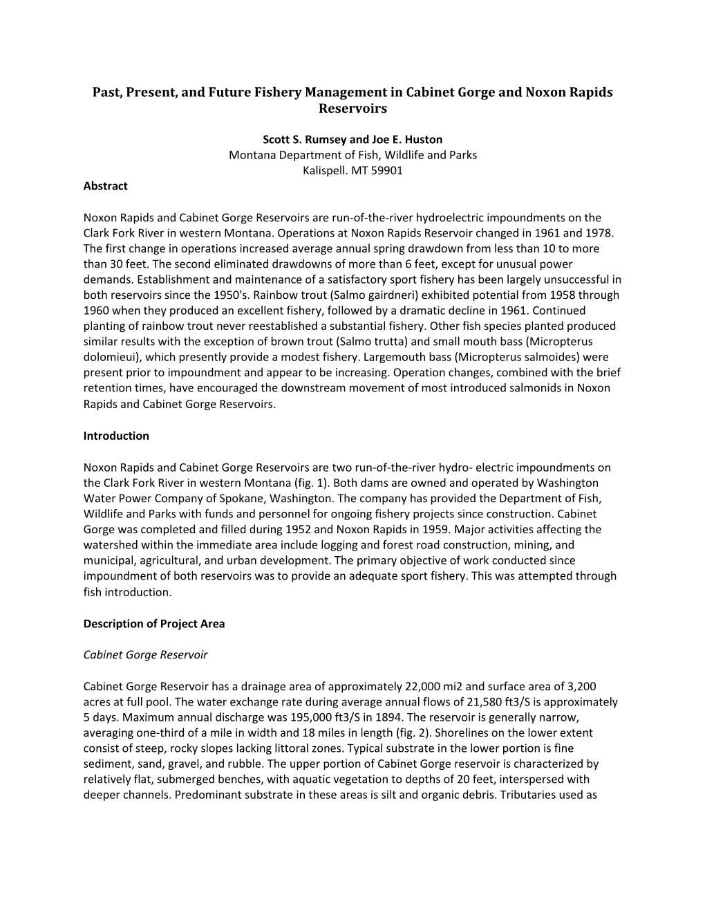 Past, Present, and Future Fishery Management in Cabinet Gorge and Noxon Rapids Reservoirs