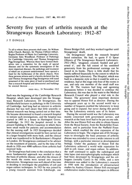 Seventy Five Years of Arthritis Research at the Strangeways Research Laboratory: 1912-87