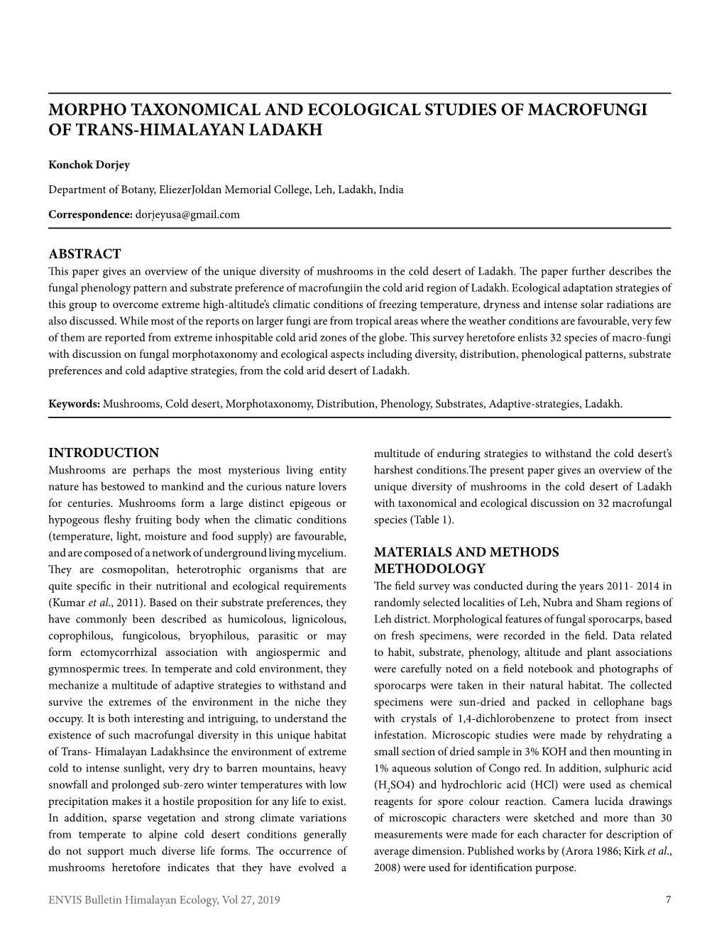 Morpho Taxonomical and Ecological Studies of Macrofungi of Trans-Himalayan Ladakh