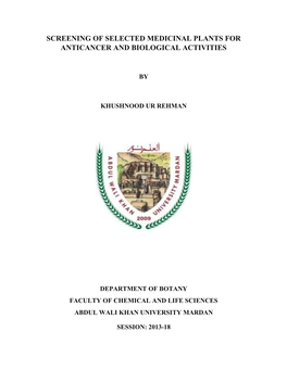 Screening of Selected Medicinal Plants for Anticancer and Biological Activities