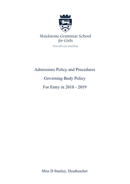 Admissions Policy and Procedures Governing Body Policy for Entry In