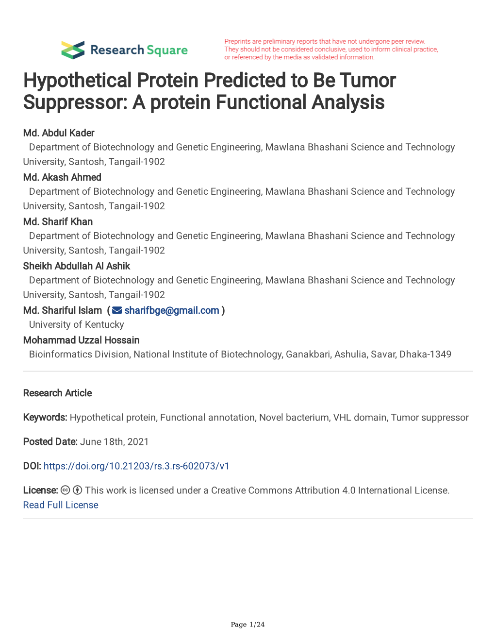 Hypothetical Protein Predicted to Be Tumor Suppressor: a Protein Functional Analysis