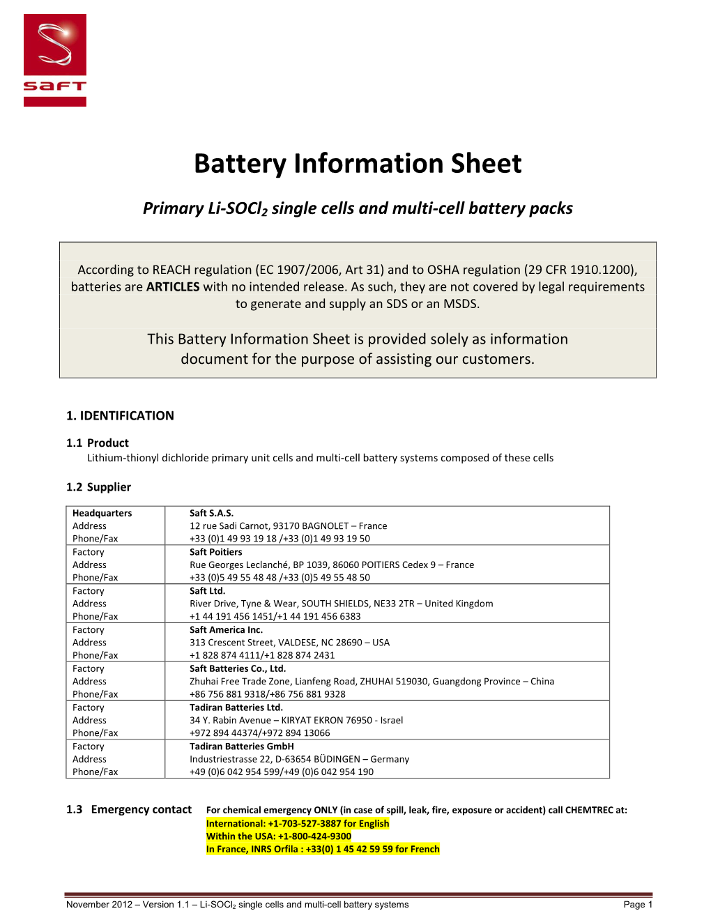 Battery Information Sheet