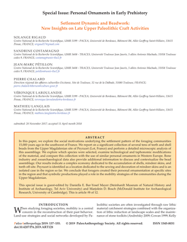 Personal Ornaments in Early Prehistory Setlement Dynamic And