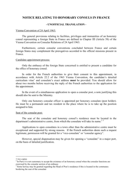 Notice Relating to Honorary Consuls in France